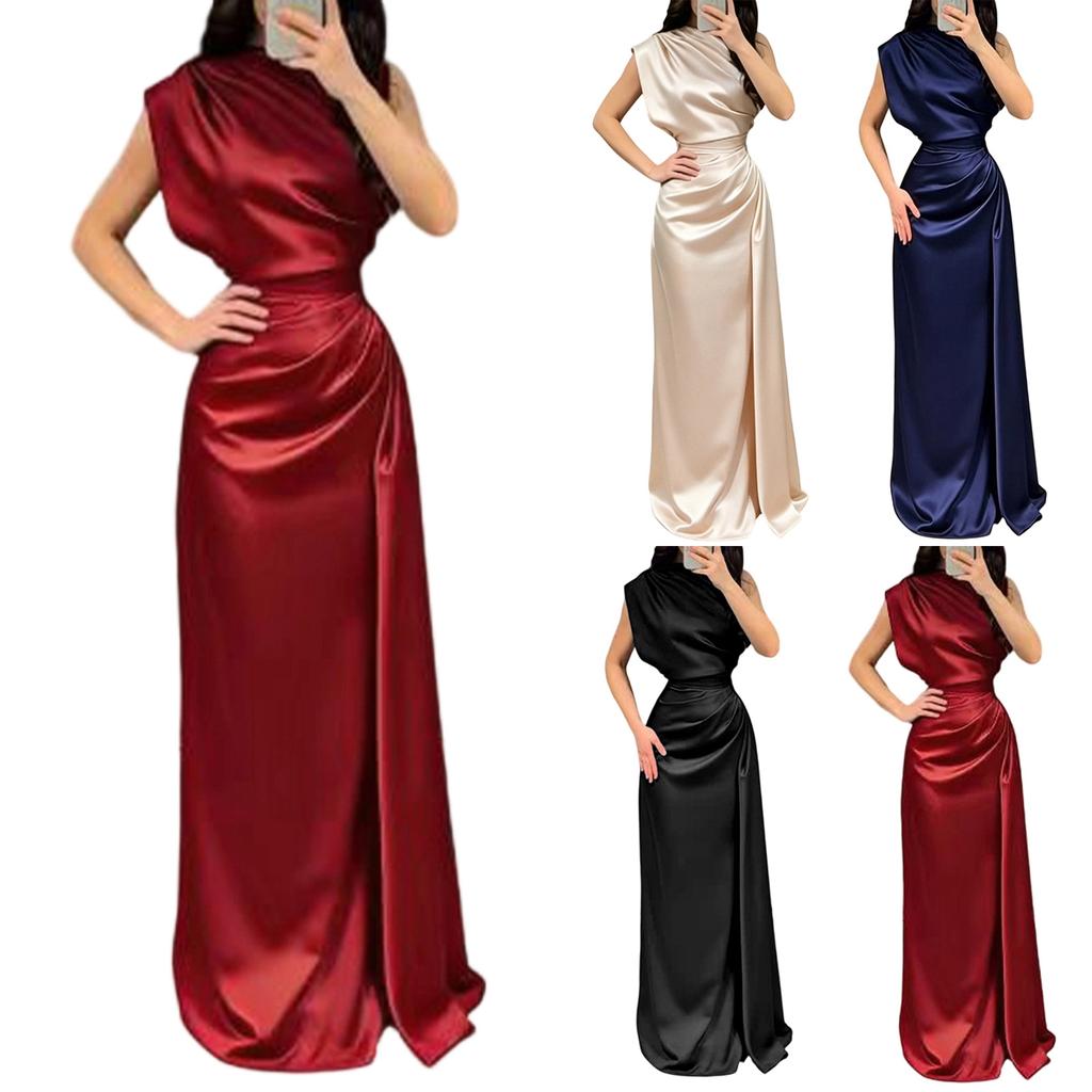 Women's Satin Round Neck Long Pleated Waist Dress for Evening Party