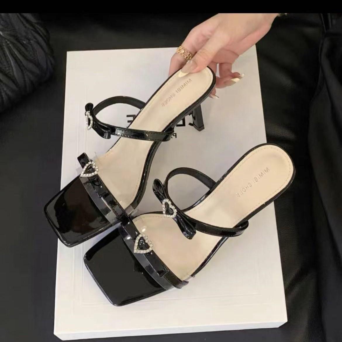 

Love Rhinestone Breathable Word With Open-Toed Cool Slippers Women S Summer Wear French Stunning High-Heeled Sandals 35