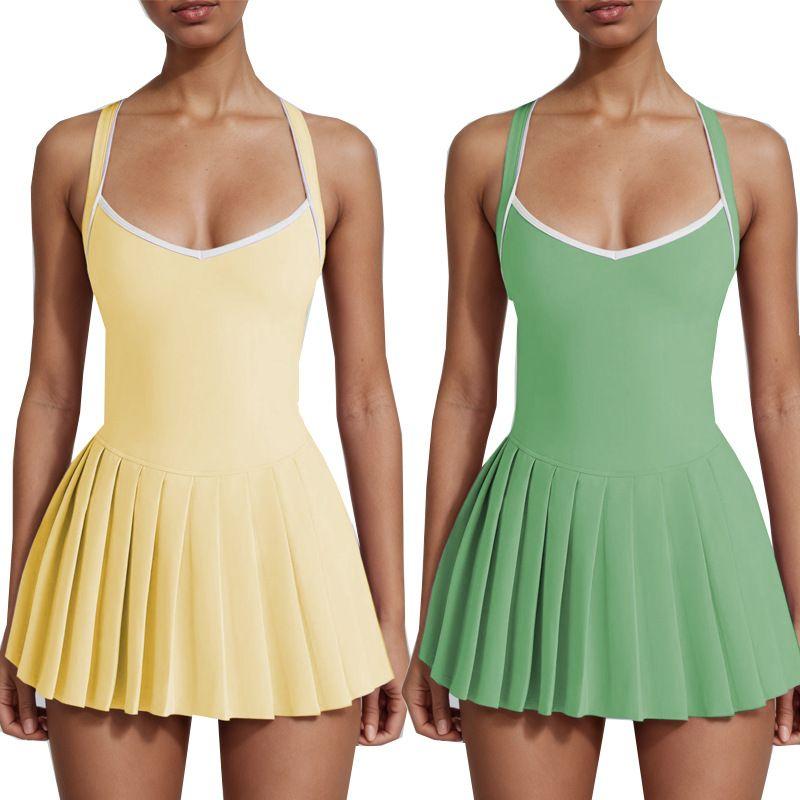 Foreign Trade New Belt Chest Pad Yoga One-Piece Skirt Color Matching Pleated Skirt High Elastic Quick-Drying Anti-exposure Golf Tennis Skirt
