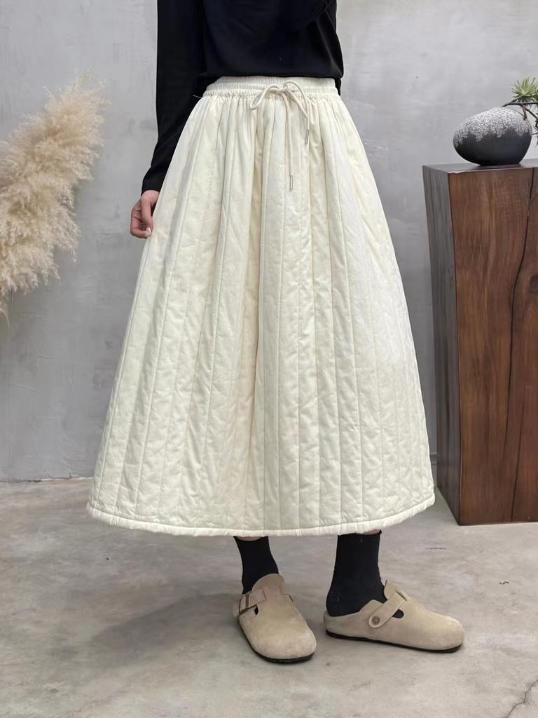 Johnature Woman Winter Vintage Personality Elasticated Waist A-Line Skirt Niche Solid Color Skirts