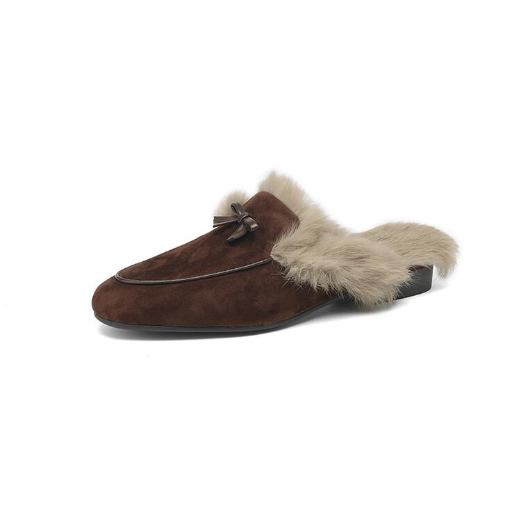 Fashion 2025 Winter Sheep Suede Women Shoes Rabbit Hair Mules Shoes for Women Round Toe Slippers Chunky Heel Cover Toe Slippers Shoes