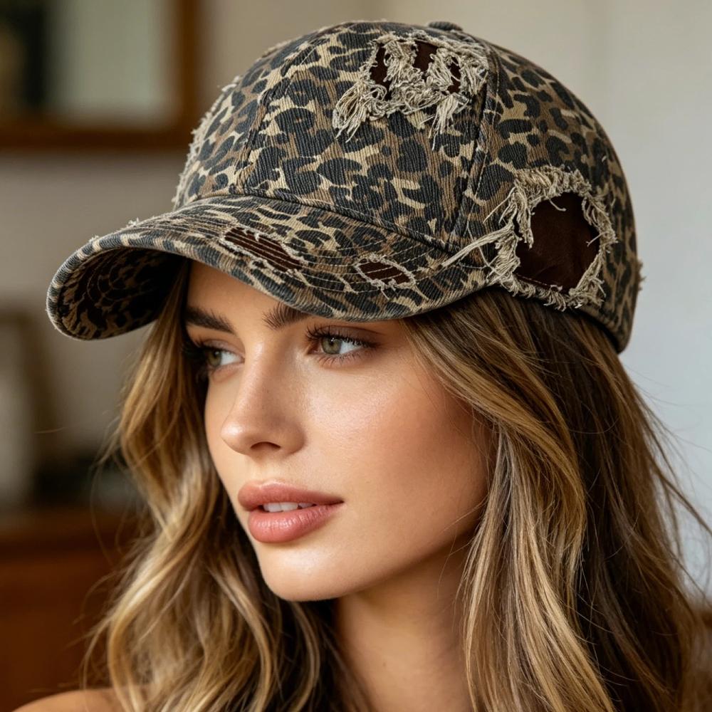 New Style Women's Vintage Distressed Baseball Cap Leopard Print Ripped Sun Hat Casual Streetwear Outdoor Cap