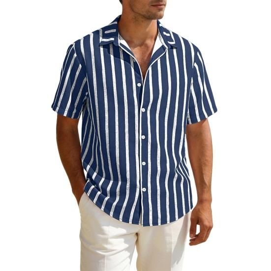 Men Striped Summer Shirt Short Sleeve Turndown Collar Button-up Shirt Casual Loose Fit Holiday Shirt for Beach Party Vacation Date