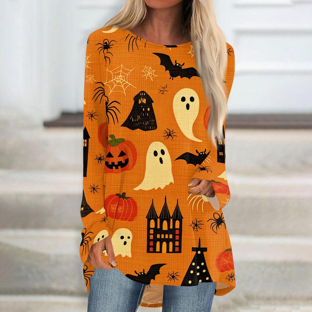 Women's Halloween Printed Long Sleeve Round Neck T-Shirt Mid-Length Casual Top