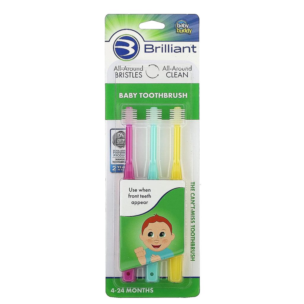 Brilliant, Toddler Toothbrush, 4-24 Months, Pink, Mint, Yellow, 3 Toothbrushes