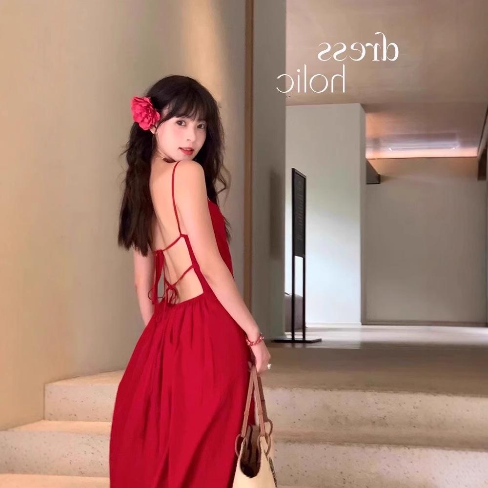 

Женское французское праздничное красное платье без спины на бретелях-спагетти - Приморский стиль Саньи, Высококлассное длинное платье XL (Premium) красный