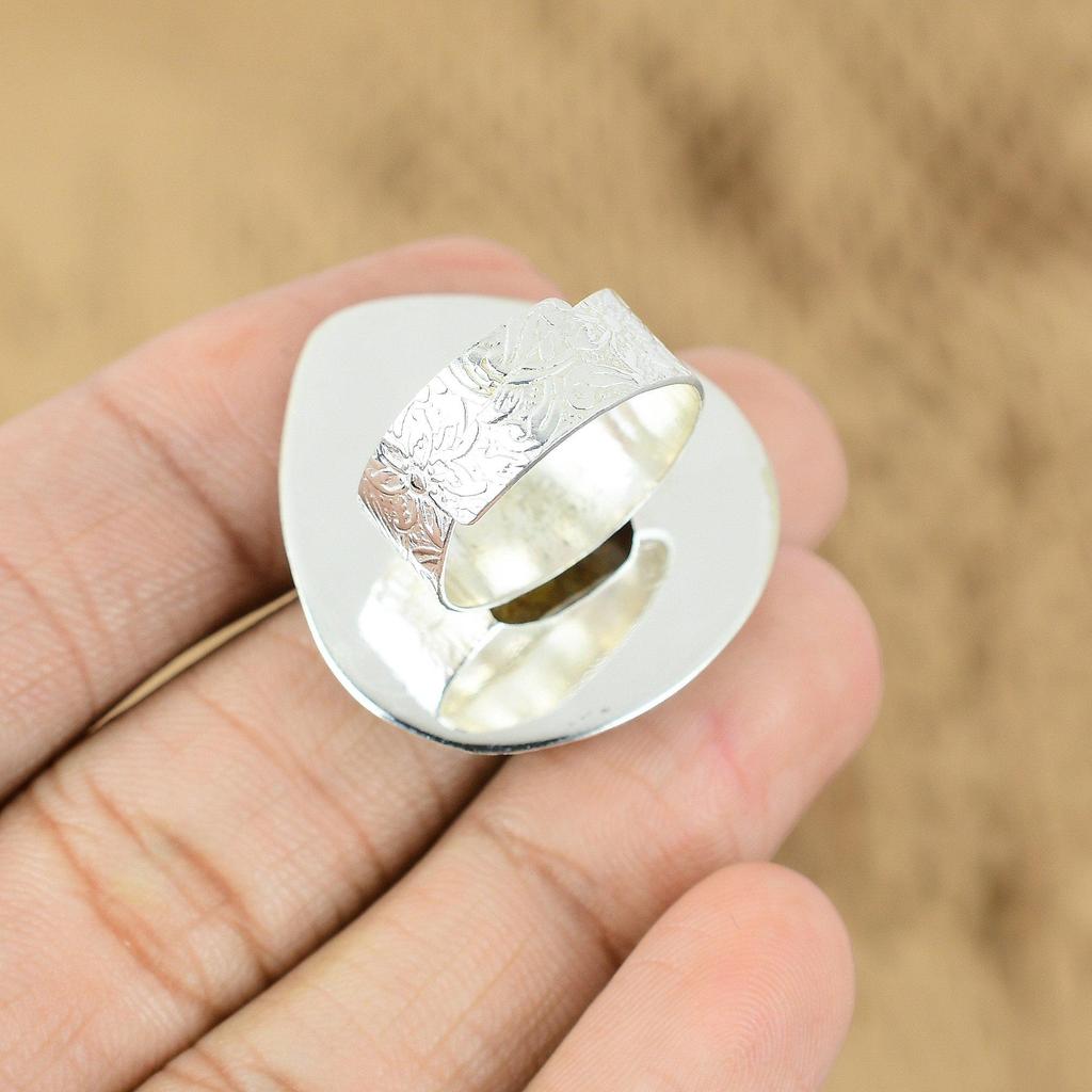 Oval Fossil Coral Stone Cresent Moon Promise Ring Jewelry 925 Sterling Silver