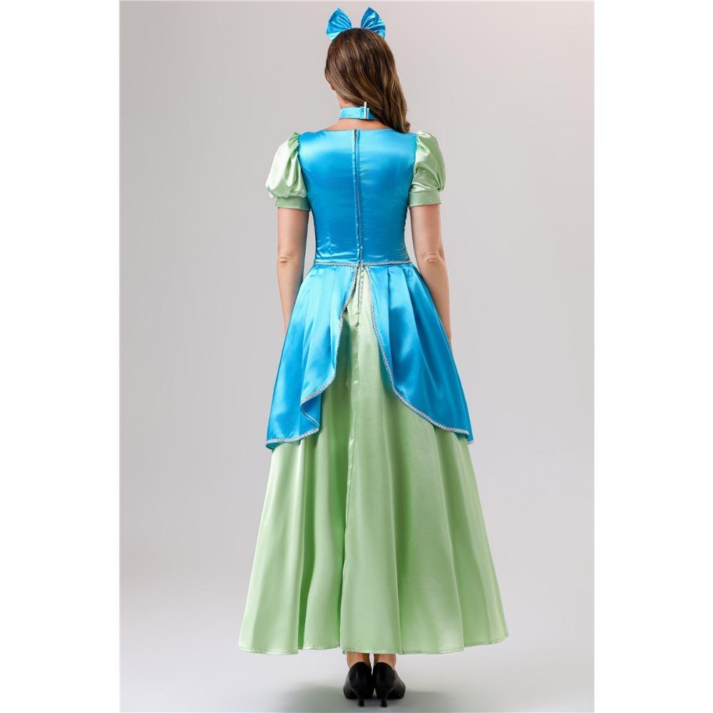 Women Princess Costume Puff Sleeve Square Neck Long Dress with Bow Headband for Halloween Party Cosplay