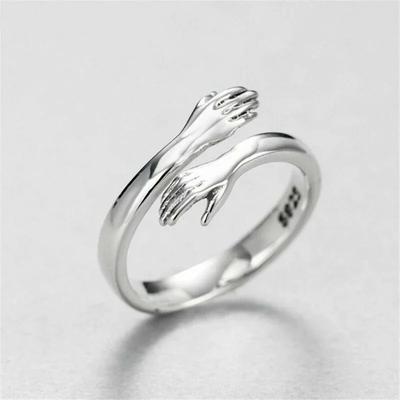 2025 New Fashion Women Girls Silver Color European and American Jewelry Love Hug Ring Retro Fashion Tide Flow Open Ring