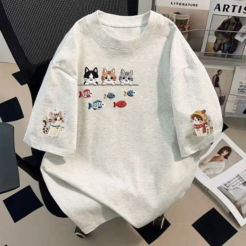 Women's Short Sleeve Tee Round Neck Japanese Korean Style Cartoon Cat Print Cotton Casual Top