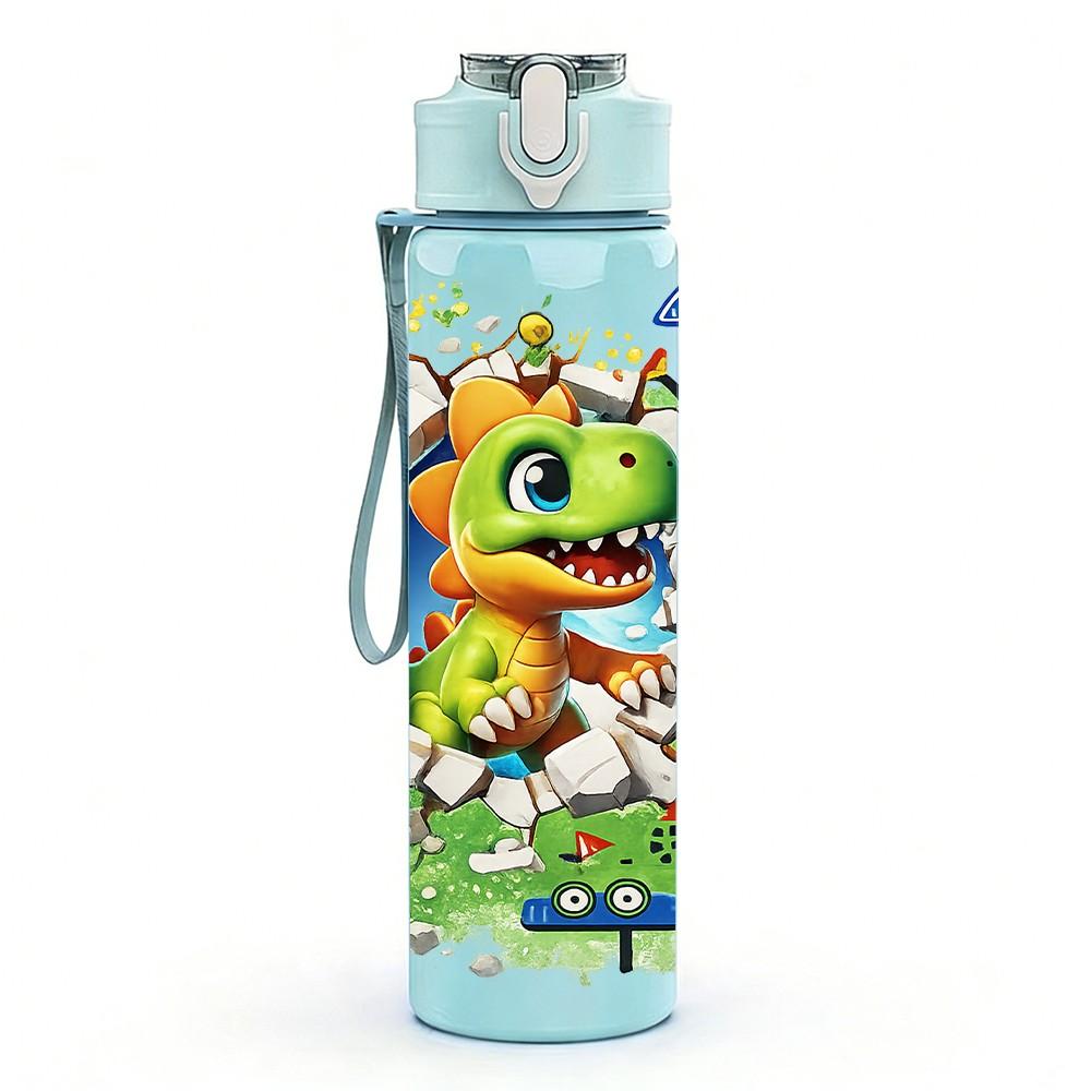 1PC Colorful Dinosaur Boy Cartoon Print 750ml Color Plastic Sports Water Bottle Leakproof Flip Straw Lid Suitable for Sports Office Home Use