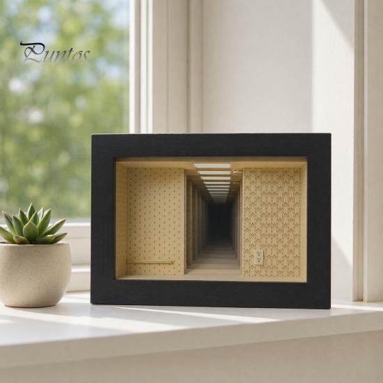 Double-layer Mirror Frame Wooden Backrooms Style Night Light, Infinite Effect Tabletop Lamp, Matte Black Solid Wood Photo Box Dustproof Ambient Light