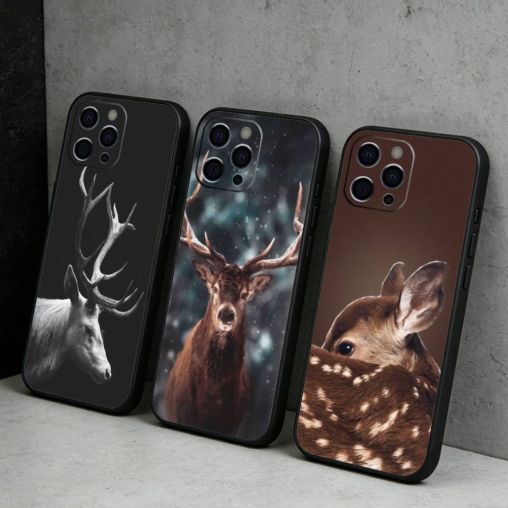 Glücklicher Hirsch Segne Dich Druck Handyhülle Für iPhone17,16,15,14,13,12 Plus,Max Weiches Silikon Schwarze Hülle