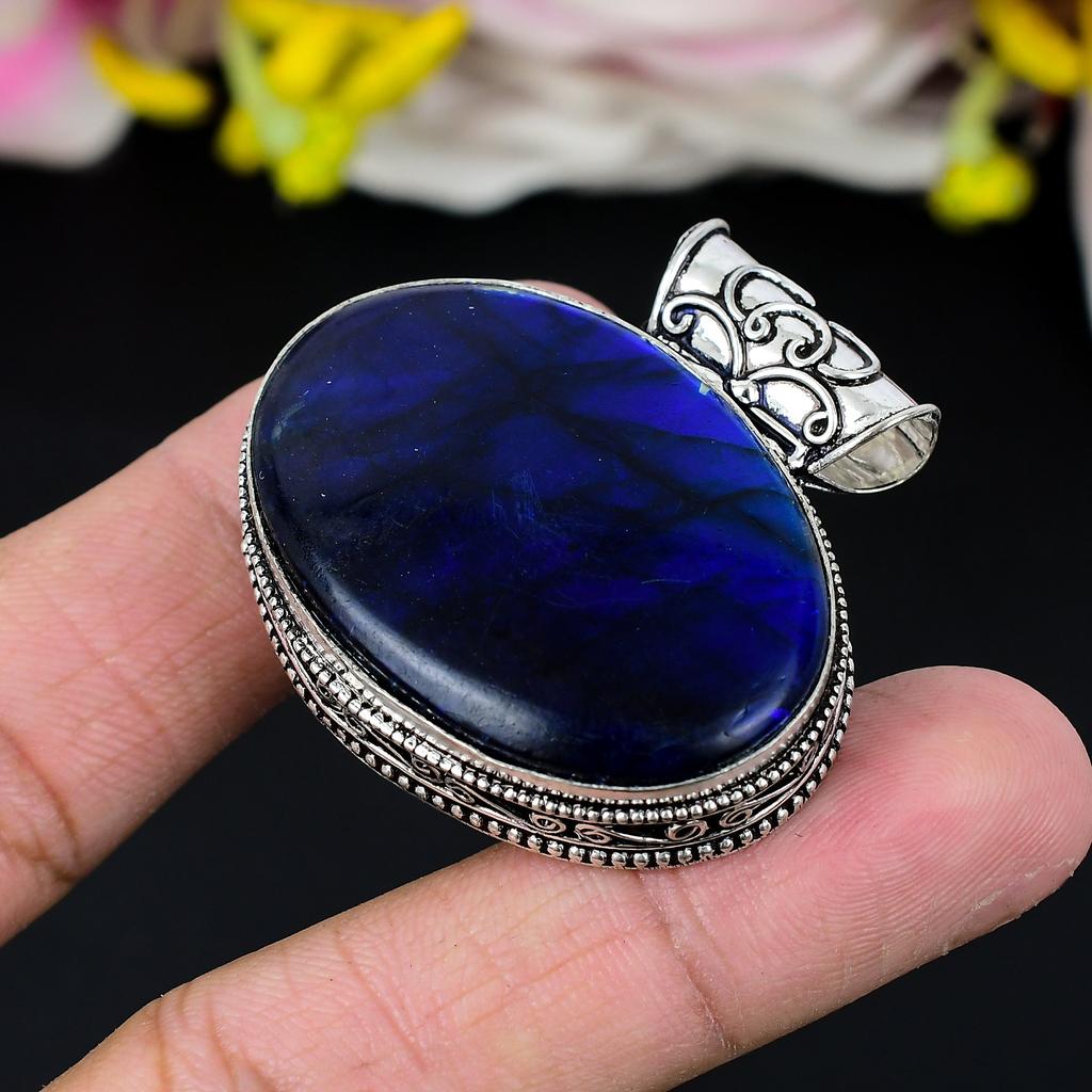 Blue Labradorite Gemstone 925 Sterling Silver Jewelry Pendant 1.69" KG-263