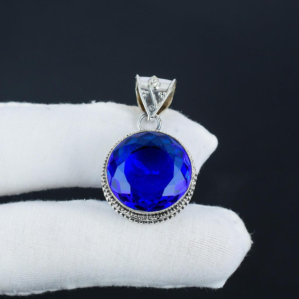 Blue Sapphire Gemstone Silver Pendant In 925 Sterling Silver - Handmade Oval Design, Everyday Wear Jewelry Valentine Day Gift