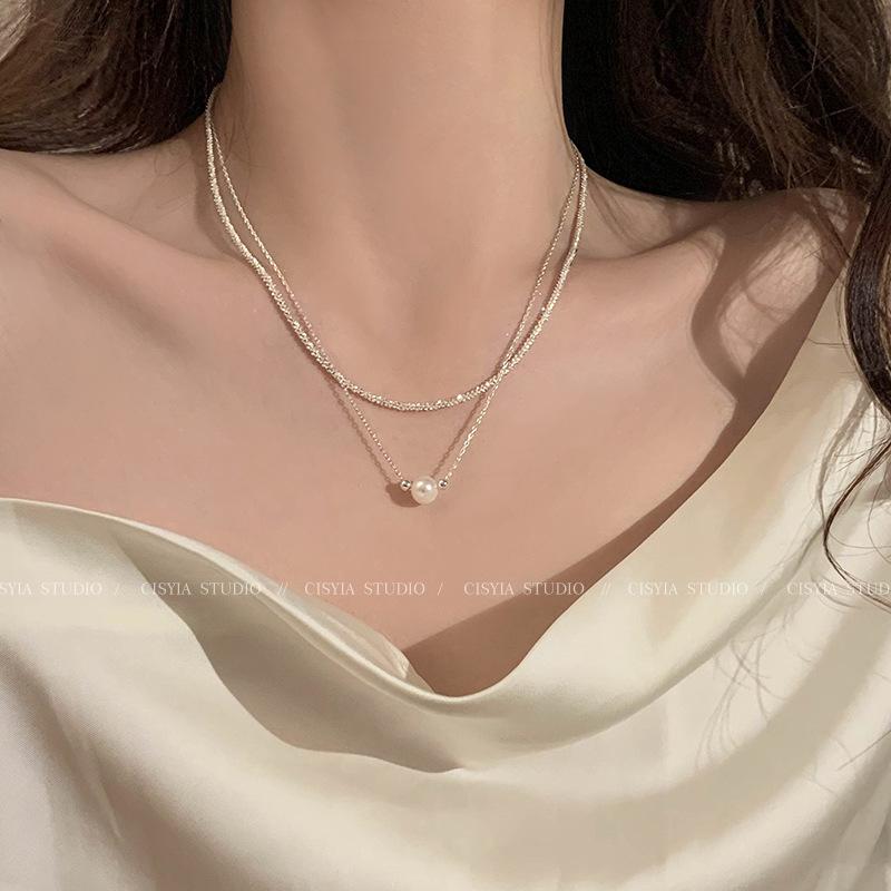 Double stacked imitation pearl high-end necklace women s sparkling temperament design niche neck chain collarbone chain