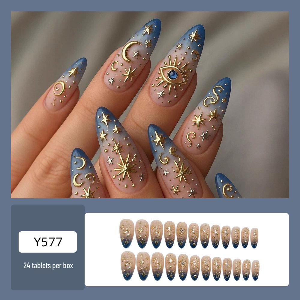 

Bohemian Four-Pointed Star Almond French Fake Nails - Stylish Nail Art Stickers