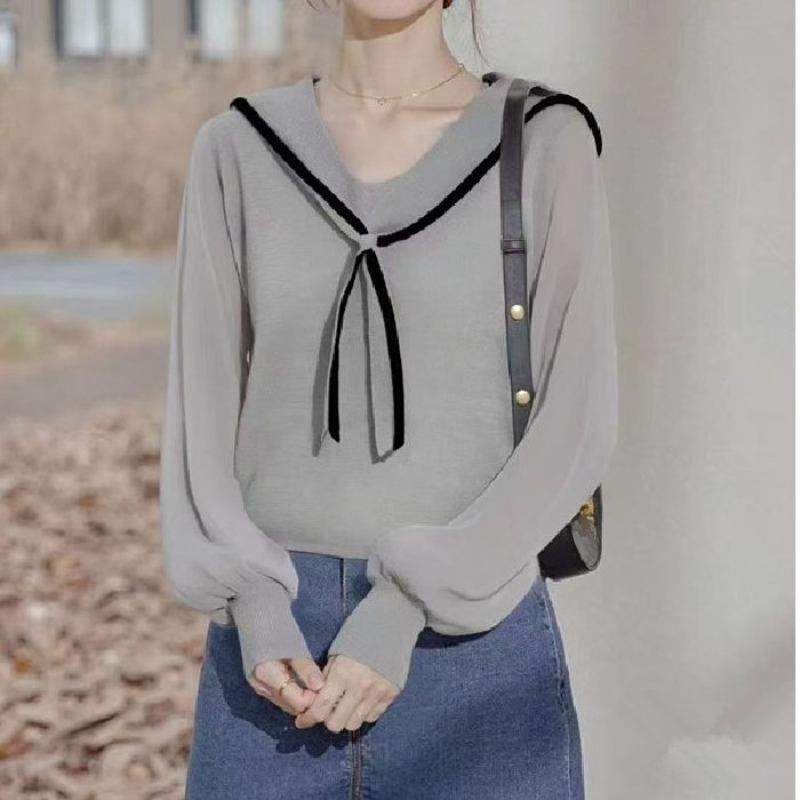 Polo Collar Fake Two Long-sleeved Knitted Sweaters for Women's Autumn and Winter New Design Sense, Niche Patchwork Shirt Short Top