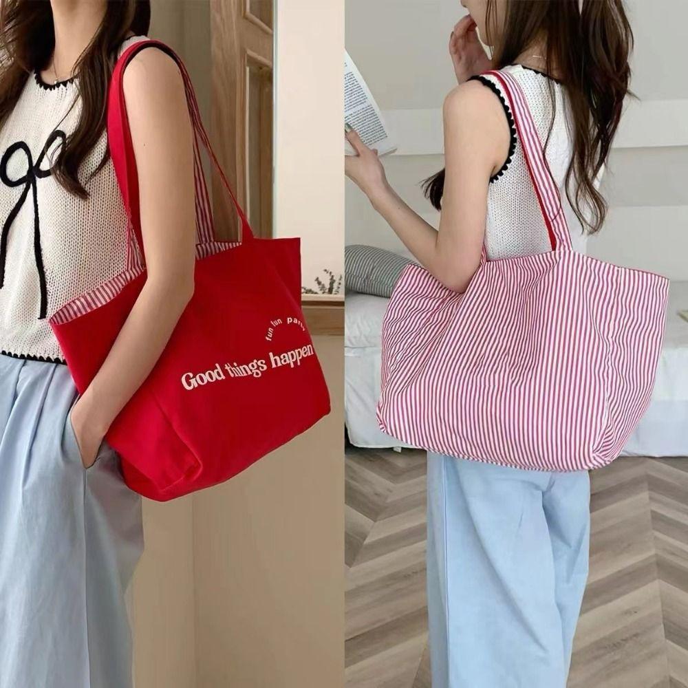 Double-sided Canvas Shoulder Bags Available Striped Letter Shoulder Bag Student Life