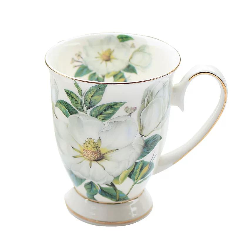 Fine Bone China Coffee Mugs Set of 4, Hand Drawn Gold Rimmed Floral Mugs, Porcelain Bone China Tea Cup with Lid, 300ml Elegant Office Home Tea Sets