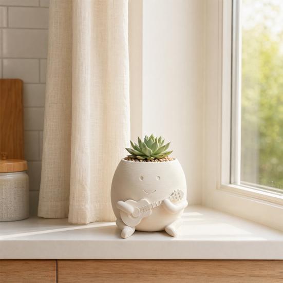 Guitarist Big Head Planter, Cute Smiling Face Flower Pot, Fun Guitar Player Plant Pot for Succulents Cacti Desk Shelf