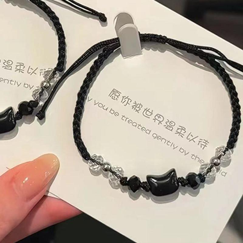 2Pcs Cute Cat Pendant Hand Woven Bracelets  Versatile Women Daily Vacation Wearing Jewelry Gift