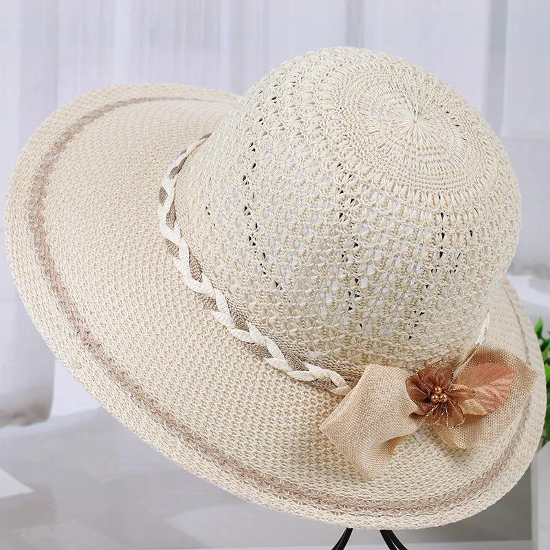 WTEMPO Female Solid Color Spring Summer Foldable Sunscreen Hats Wide Brim Travel Beach Breathable Sun Hats with Flower Bow