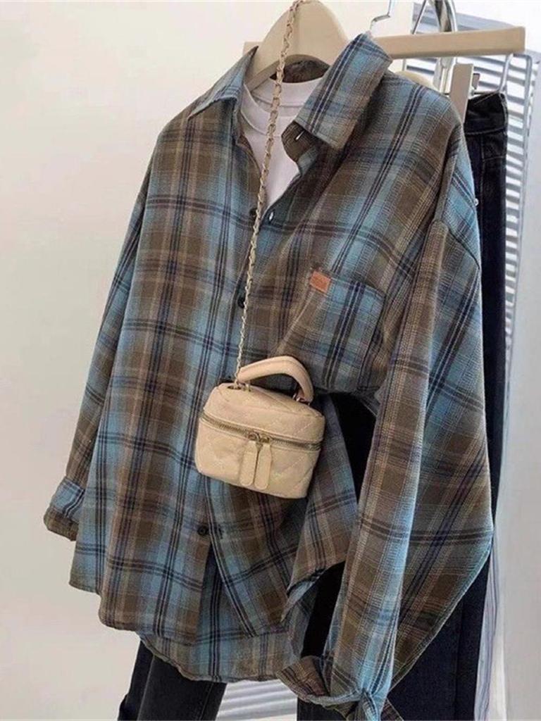 Women's Retro Plaid Contrast Shirt - Korean Style, Loose Fit, Versatile for Spring & Autumn, Unisex Lazy Style Shirt Jacket.