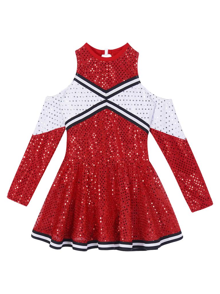 Girls Long Sleeve Dance Dress Off Shoulder Sequins Contrast Color Cheerleading Outfit