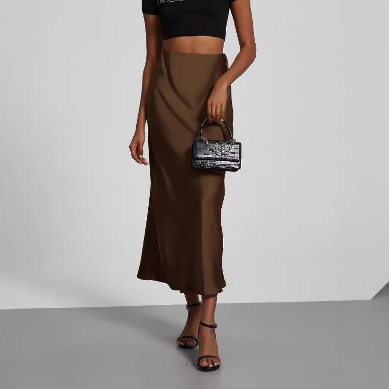 Women's European American Style Fashion Satin Texture Skirt Versatile Solid Color Glossy Mid-length