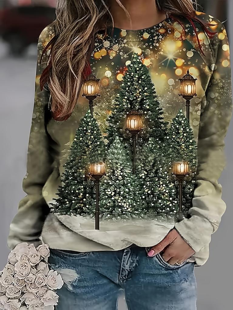 Santa and Reindeer Print Long Sleeve T-shirt for Women - Casual Polyester Knitted Fabric, Round Neck