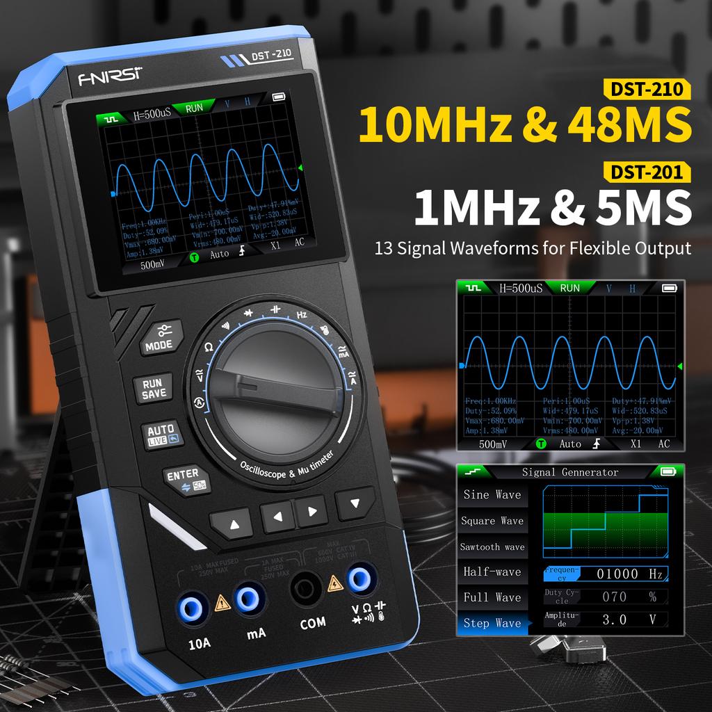 FNIRSI DST-210 3-in-1 Digital Oscilloscope Multimeter 19999 Counts 10MHz 48Msps Portable Automotive Oscilloscope Electrical Tool