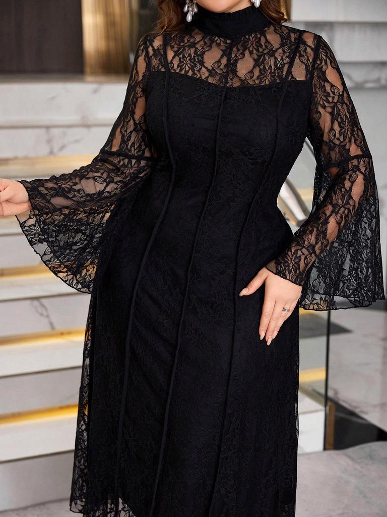 In-Stock Retro Stand Collar Lace Patchwork Bell Sleeve Formal Dress for Spring/Autumn – European & American Style