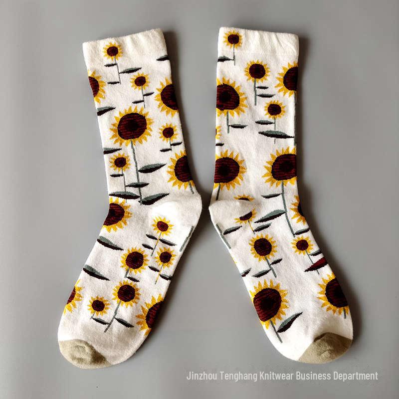 Șosete la modă cu pictură în ulei franceză: Șosete de vițel colorate, cu tub mediu-înalt, de nișă, la modă pentru femei