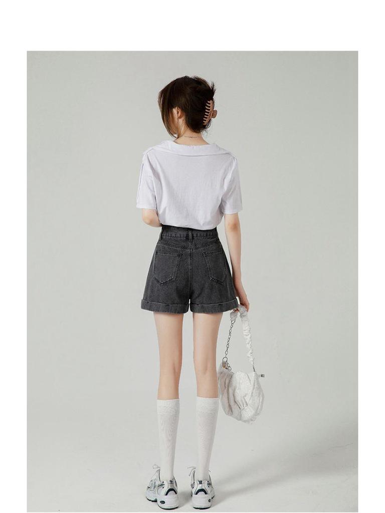Women's High Waist Denim Shorts - Summer Thin Style, Double Button, Patchwork, Rolled Hem, A-line Wide Leg, Loose Fit, Slimming Hot Pants