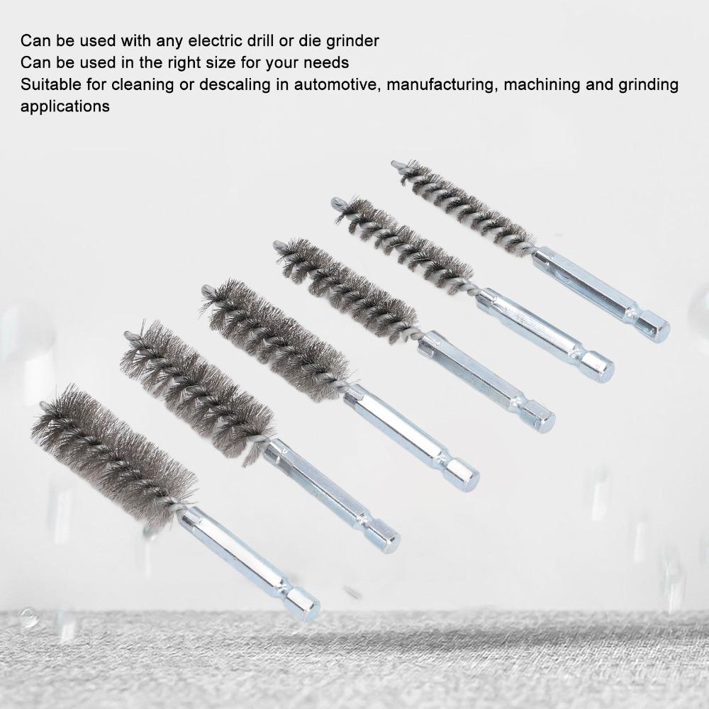 6pcs 1/4 Inch Hex Shank Stainless Steel Bore Brush Set 8/10/12/15/17/19mm Stainless Steel Bristles Wire Brush for Drill