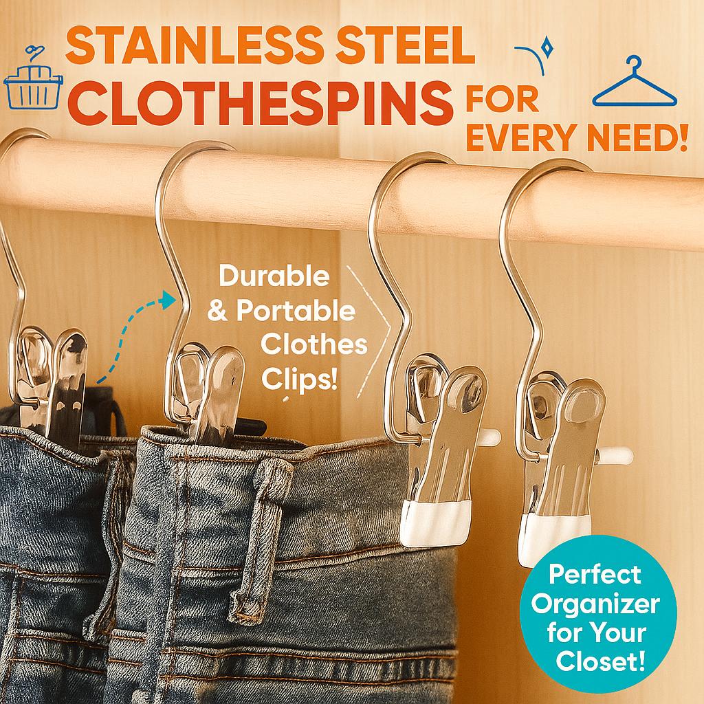 Stainless Steel Clothespin, Laundry Clothes Peg With Hook, Portable Hanging Clothes Clip, Closet Clothes Organizer Hanger, Household Goods