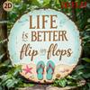 Hisun Tin Sign HD Aluminum Metal Sign Life Is Better In Flip Flops Round Wall Decor Retro Beach Flip Flop Starfish Design Tin Poster for Home