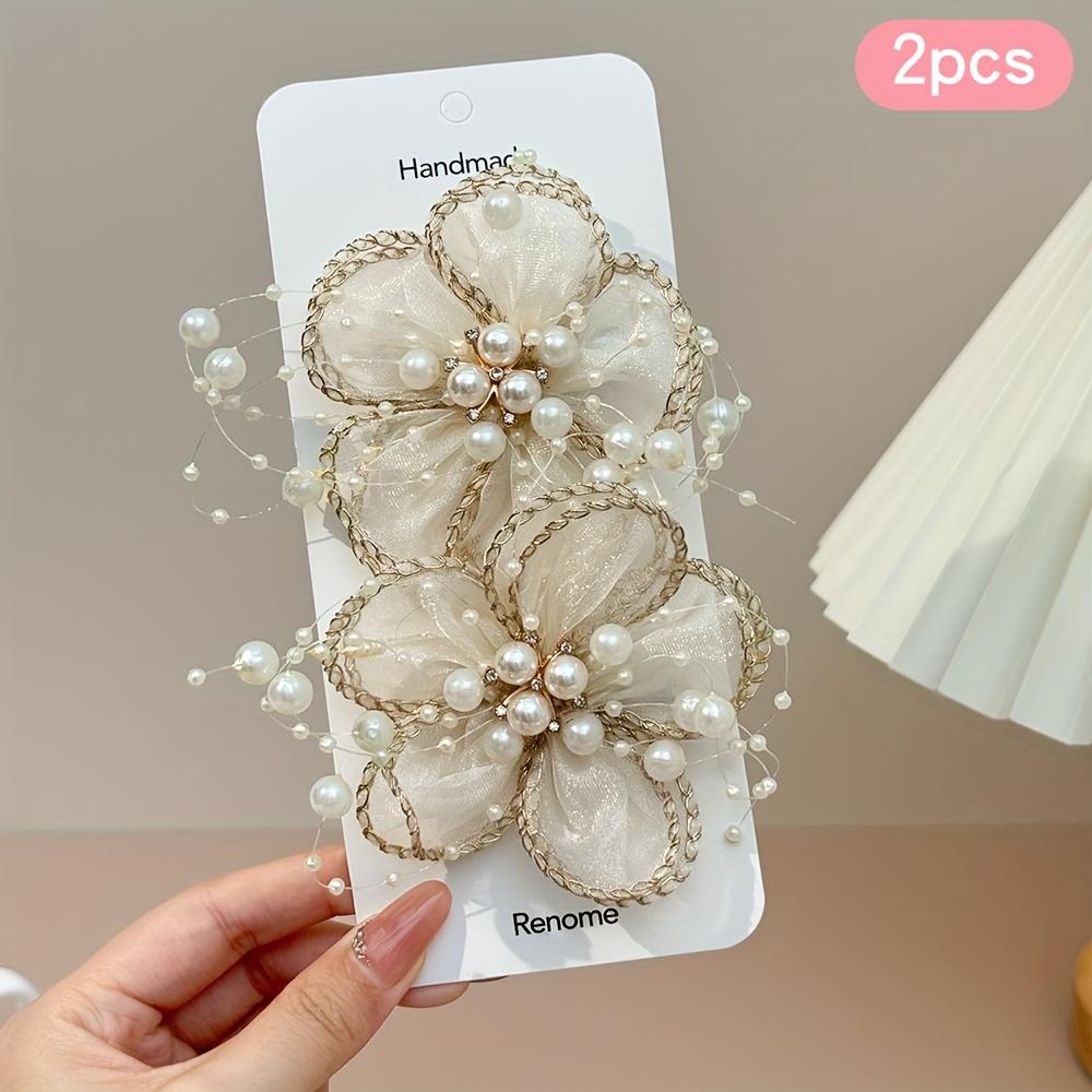 

2Pcs fairy tulle flower hair clips, colorful beaded floral barrettes, stylish women hair accessories for vacation gifts бежевый