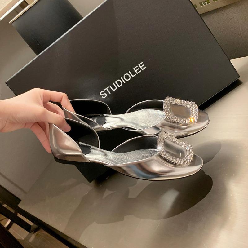 Rhinestone Square Buckle Silk Hollow Round Head Commuting Flat Sole Shoes Women