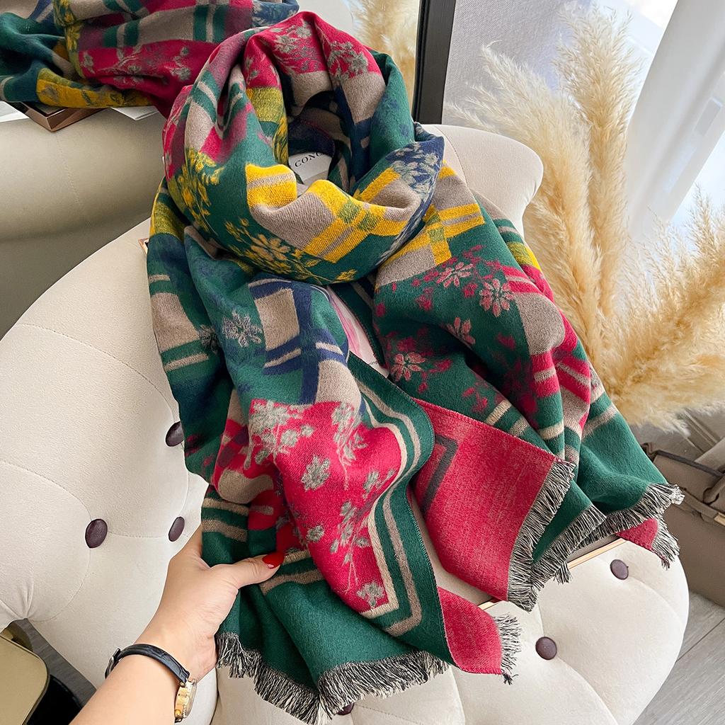 Women's Thick Warm Winter Plaid Print Imitation Cashmere Pashmina Shawl - Knitted Faux Cashmere Lady Wrap Scarf Blanket Foulard