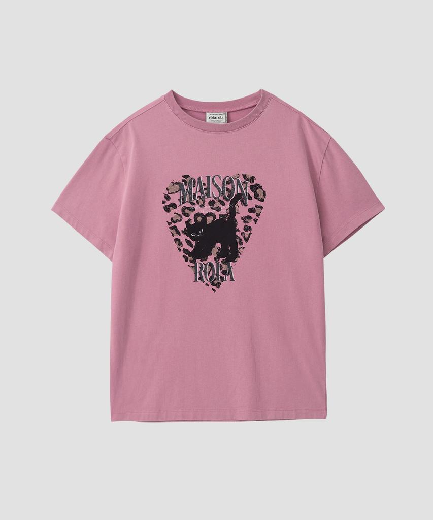ROLAROLA Leopard Heart Cat Pigment T-Shirt Indie Pink