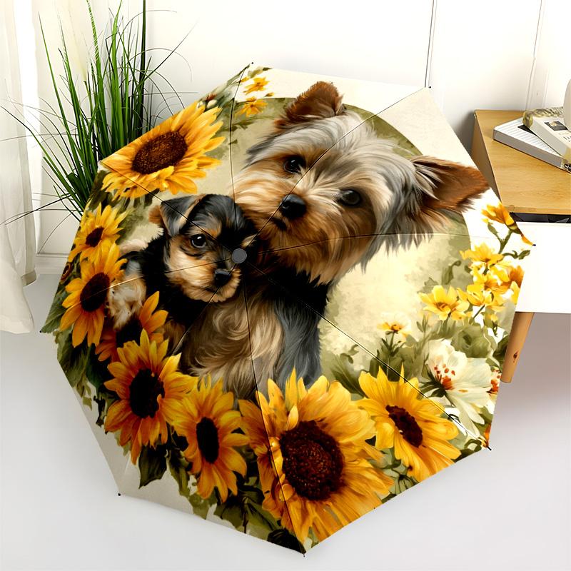 Sunflower Dog Pattern, Automatic Folding Umbrella, Portable and Foldable Design, 8 Ribs, a Christmas or Birthday Gift.