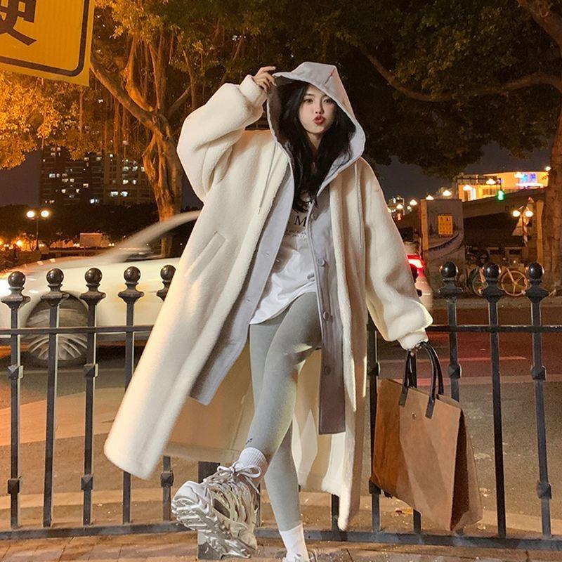 Women's Faux Two-piece Hooded Long Coat Lamb Fleece Loose Single-breasted Warm Outerwear For Winter Daily Commute