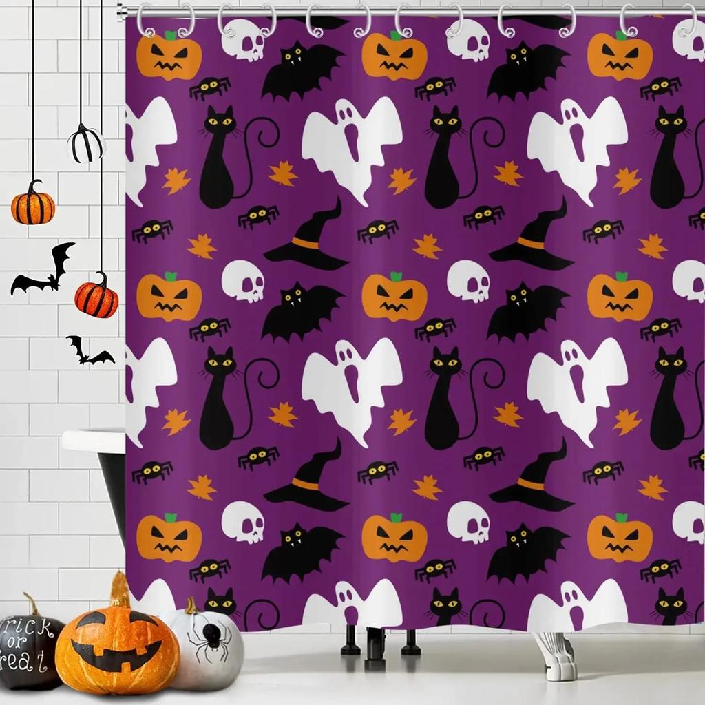 Halloween Shower Curtain, Cartoon Funny Skull Skeleton Dancing Bathroom Decor Curtains Halloween Party Retro Bath Curtain Fabric