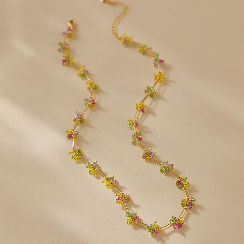 Minimalist Fresh Vacation Style Real Gold Plated Colorful Crystal Beaded Clavicle Necklace For Women