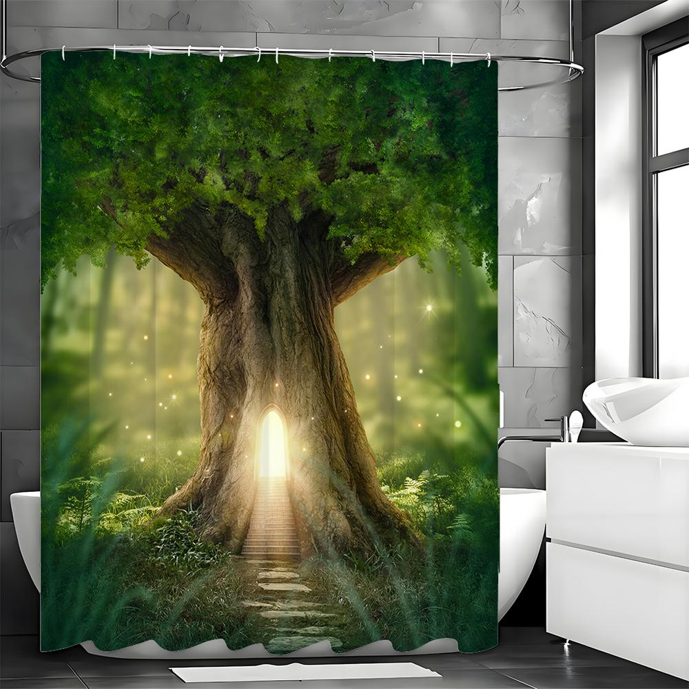 Tree Deep Forest Greenery Healing Green Shower Curtain, Bathroom Decorative Shower Curtain, Waterproof Shower Curtain with Hooks
