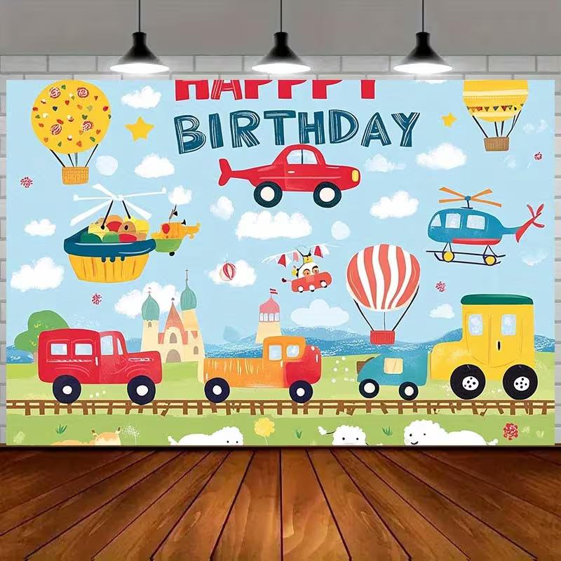 

2D Kids Transportation Birthday Backdrop, Boys Party Photo Background 47.2x31.5inch/120*80cm