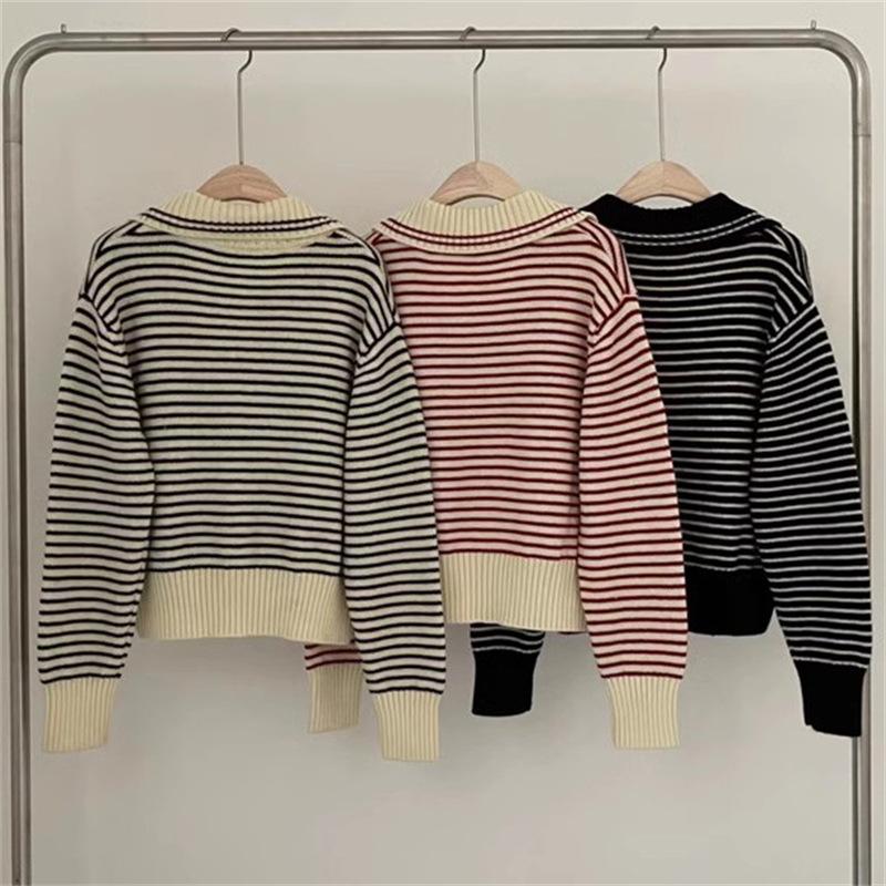 Podzimní dámský svetr vysokoškolský styl pletený top volný úzký pruhovaný svetr s dlouhým rukávem