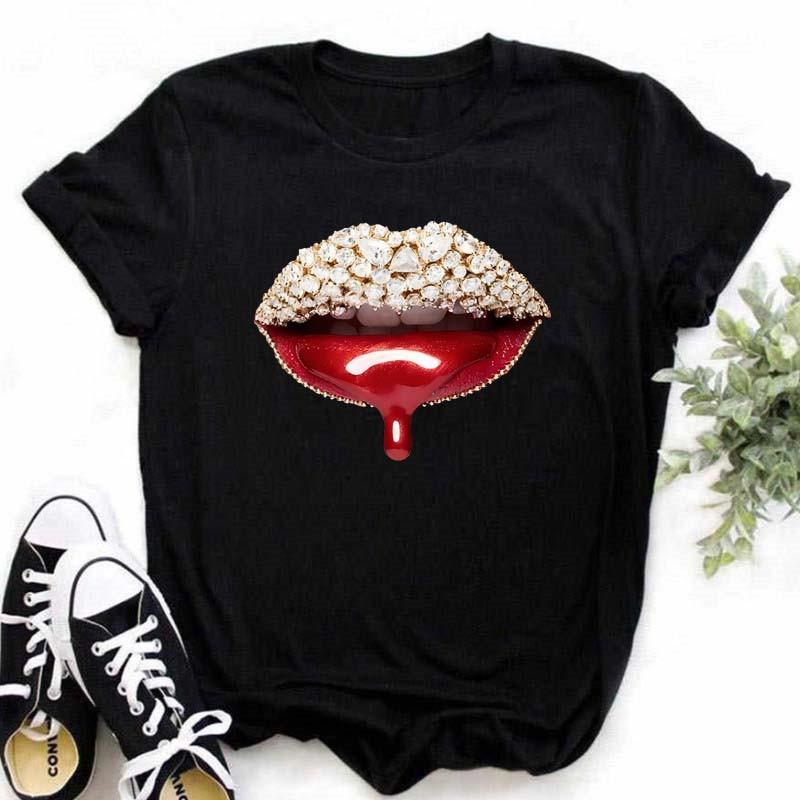 Spring Summer Plus Color Lips Loose Casual Fashion Simple Round Neck Pure Cotton Short Sleeved Top T-Shirts Women’s